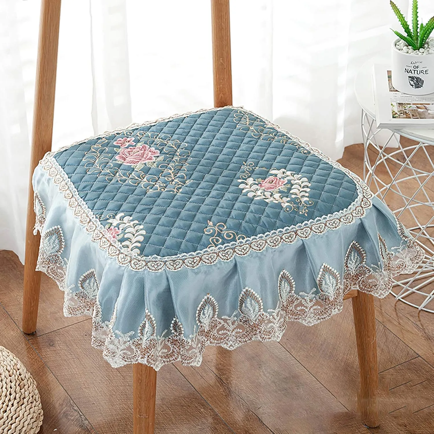 1 Pc Lace Ruffled Dining Chair Cushion,Non Slip Seat Cushions with Ties,Square Stool Chair Pad Home Decor Luxury Warm Soft Cushion-B 43x45cm(17x17.7inch)