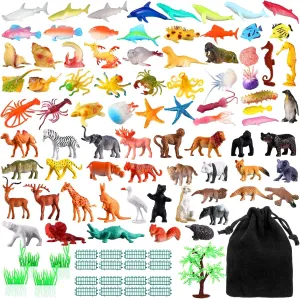 105 Pcs Safari Animal Toys Sea Creature Toys Realistic Jungle Animals Figurines Ocean Sea Animal Plastic Animal Learning Toys for Educational Party Cake Cupcake
