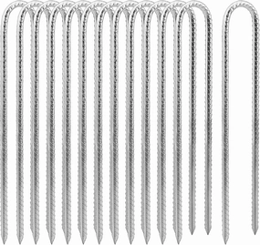 12 Pack 12 Inch U Shaped Rebar Stakes, Silver U Rebar Hook Ground Pegs, Trampoline Wind Anchors Stakes for Camping Tents