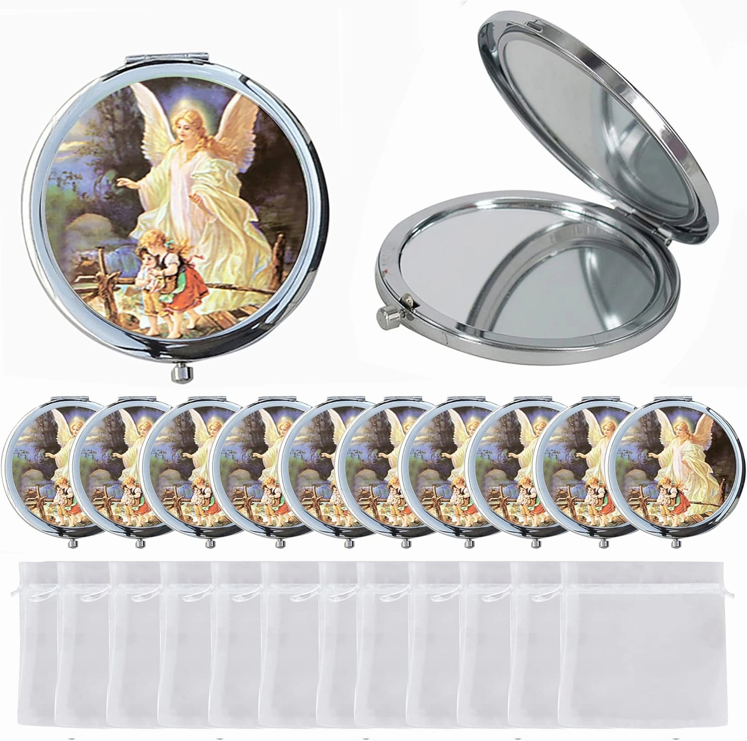 12 Pcs Baptism Compact Mirror Favor -Bautizo Recuerdos/Guardian Angel Makeup Compact/First Communion Come with Organza Bags