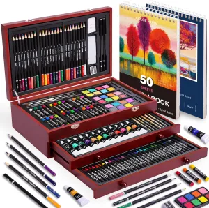 175 Piece Deluxe Art Set with 2 Drawing Pads, Acrylic Paints, Crayons, Colored Pencils, Paint Set in Wooden Case, Professional Art Kit, Art Supplies for Adults, Teens and Artist, WoodMuse Plus