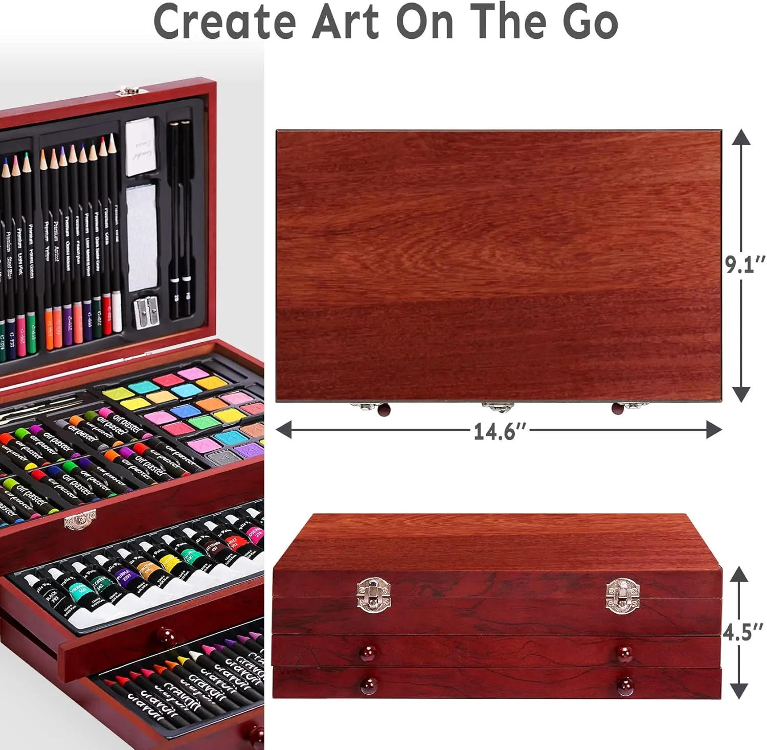 175 Piece Deluxe Art Set with 2 Drawing Pads, Acrylic Paints, Crayons, Colored Pencils, Paint Set in Wooden Case, Professional Art Kit, Art Supplies for Adults, Teens and Artist, WoodMuse Plus