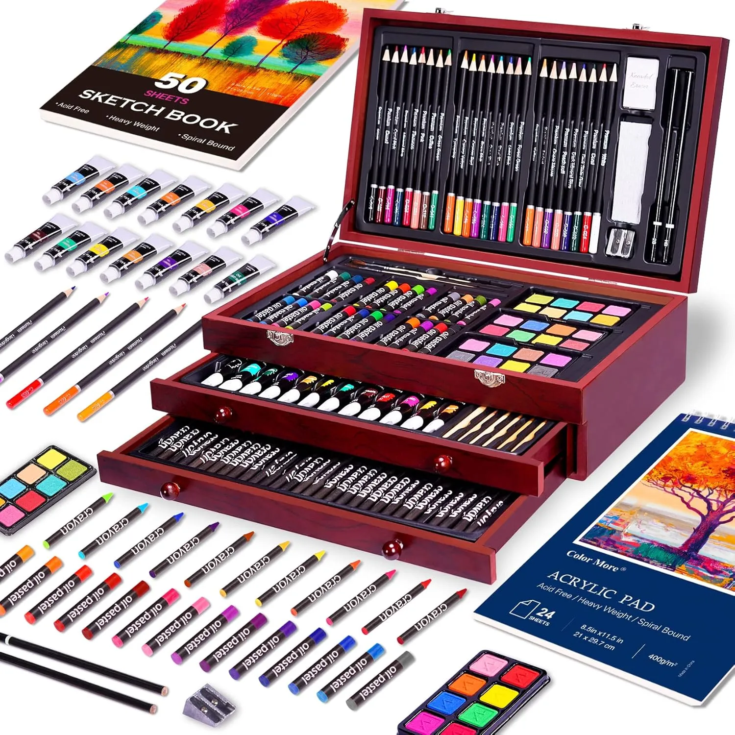 175 Piece Deluxe Art Set with 2 Drawing Pads, Acrylic Paints, Crayons, Colored Pencils, Paint Set in Wooden Case, Professional Art Kit, Art Supplies for Adults, Teens and Artist, WoodMuse Plus