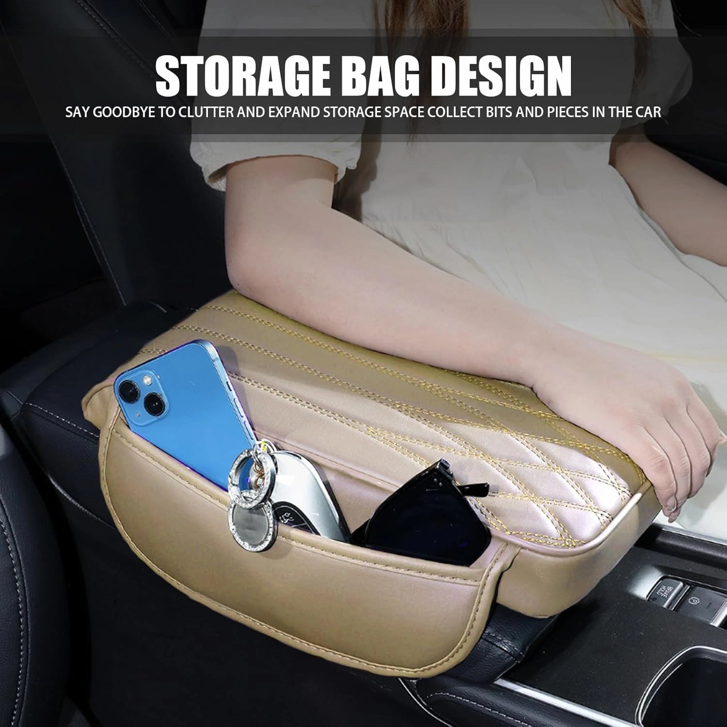1 PC Car Armrest Cover, 12.59" x 8.66" x 1.96" Leather Center Console Protector Armrest Pad with Pocket, Automotive Decoration Accessories, Suitable for Most Cars, Trucks, SUVs (Beige)