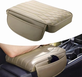 1 PC Car Armrest Cover, 12.59" x 8.66" x 1.96" Leather Center Console Protector Armrest Pad with Pocket, Automotive Decoration Accessories, Suitable for Most Cars, Trucks, SUVs (Beige)