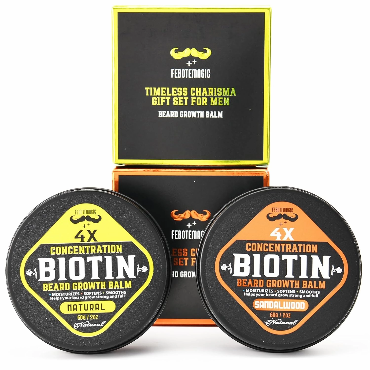 2 Pack Biotin Beard Balm Set for Men – Natural & Sandalwood Butters – Non-Itchy, Moisturize, Strengthen & Shape Beards – Grooming Gift Set for Father's Day, Anniversaries, Christmas (Sandalwood)
