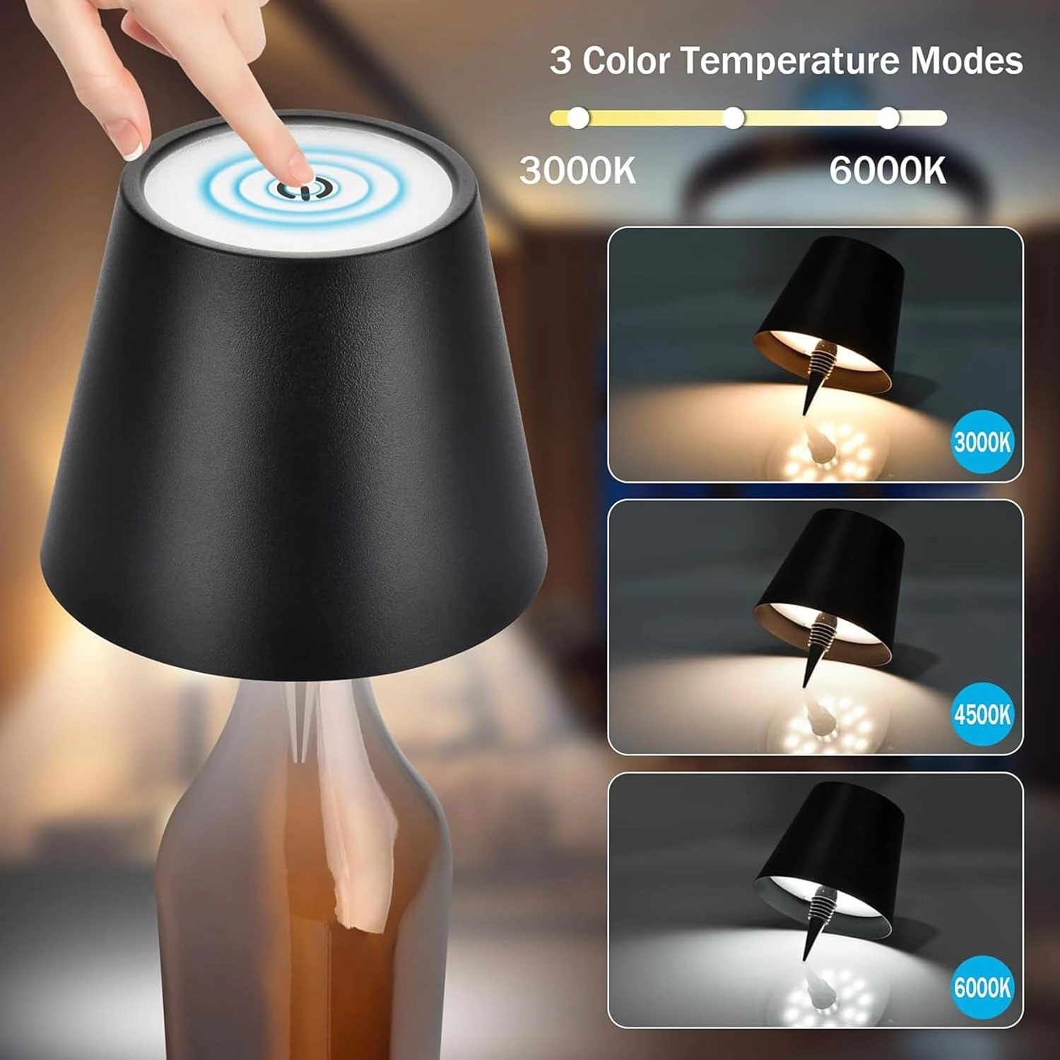 2 Packs Wireless Bottle Lamp, Portable LED Wireless Bottle Lamp with 3 Modes Light Dimming, Rechargeable Wine Bottle Light Head, Touch Table Lamp for Bedroom, Fathers Day Birthday Christmas Gift