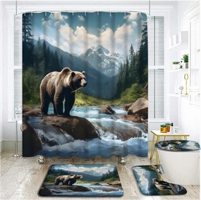 4 Piece Rustic Bear Shower Curtain Set with Rugs, Toilet Lid Cover ,Vintage Cabin Forest Mountain Autumn Nature Landscape Wildlife Animal Stream River Country Lodge Bathroom Shower Curtain with Hooks