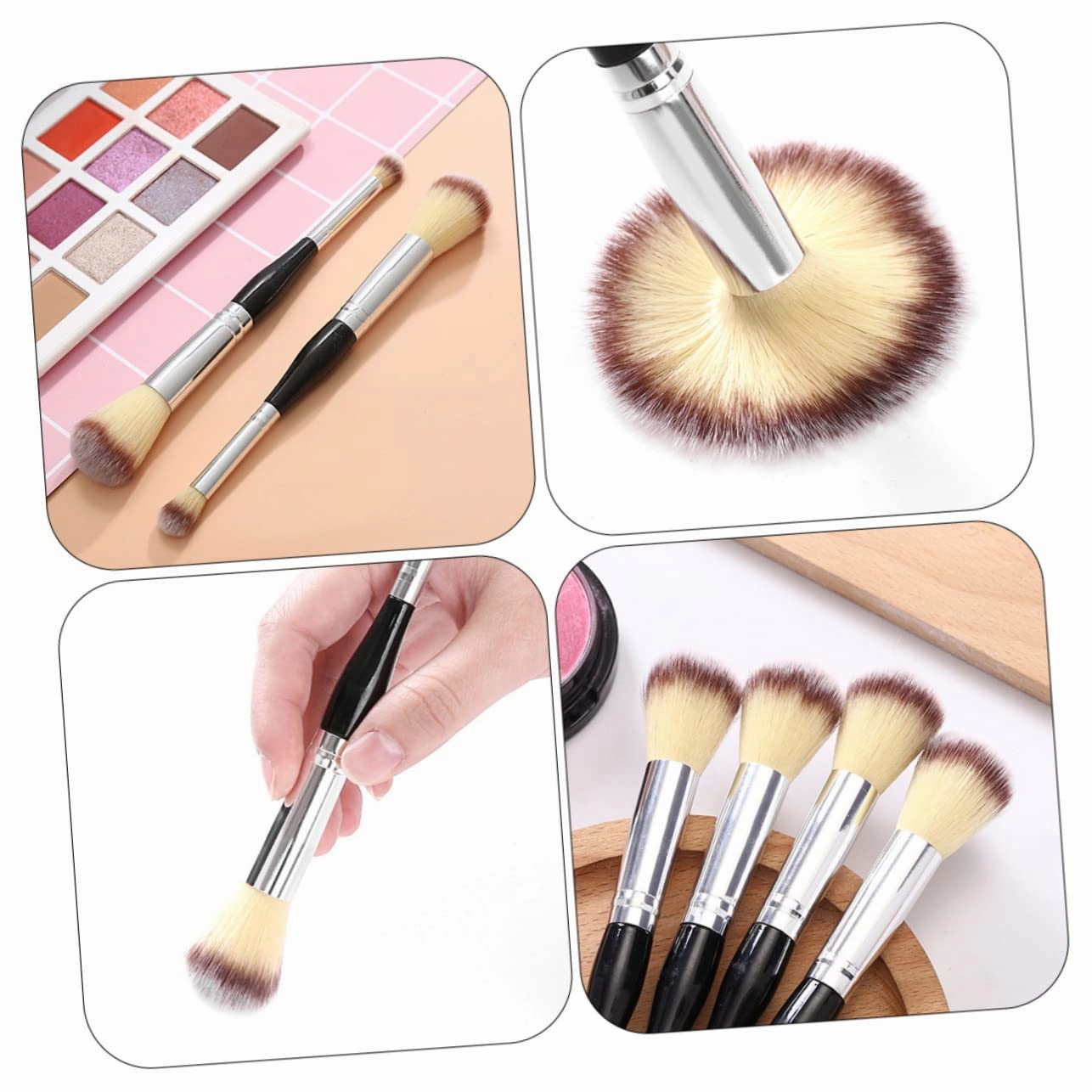 4sets Double-ended Makeup Foundation Brush Loose Powder Blending Brush Shimmer Setting Powder for Women Cosmetics for Professional/travel/home Use 2pcs*4