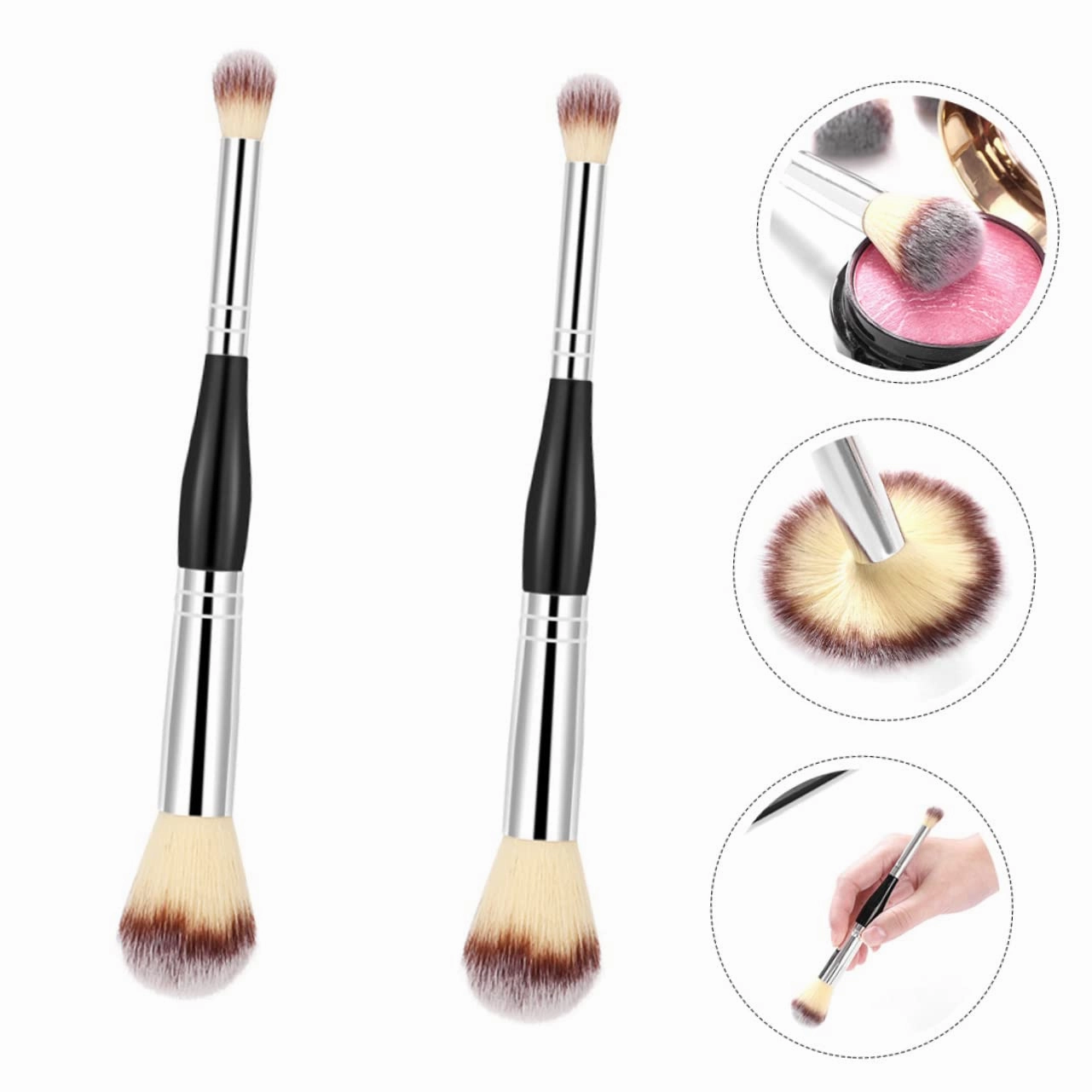 4sets Double-ended Makeup Foundation Brush Loose Powder Blending Brush Shimmer Setting Powder for Women Cosmetics for Professional/travel/home Use 2pcs*4
