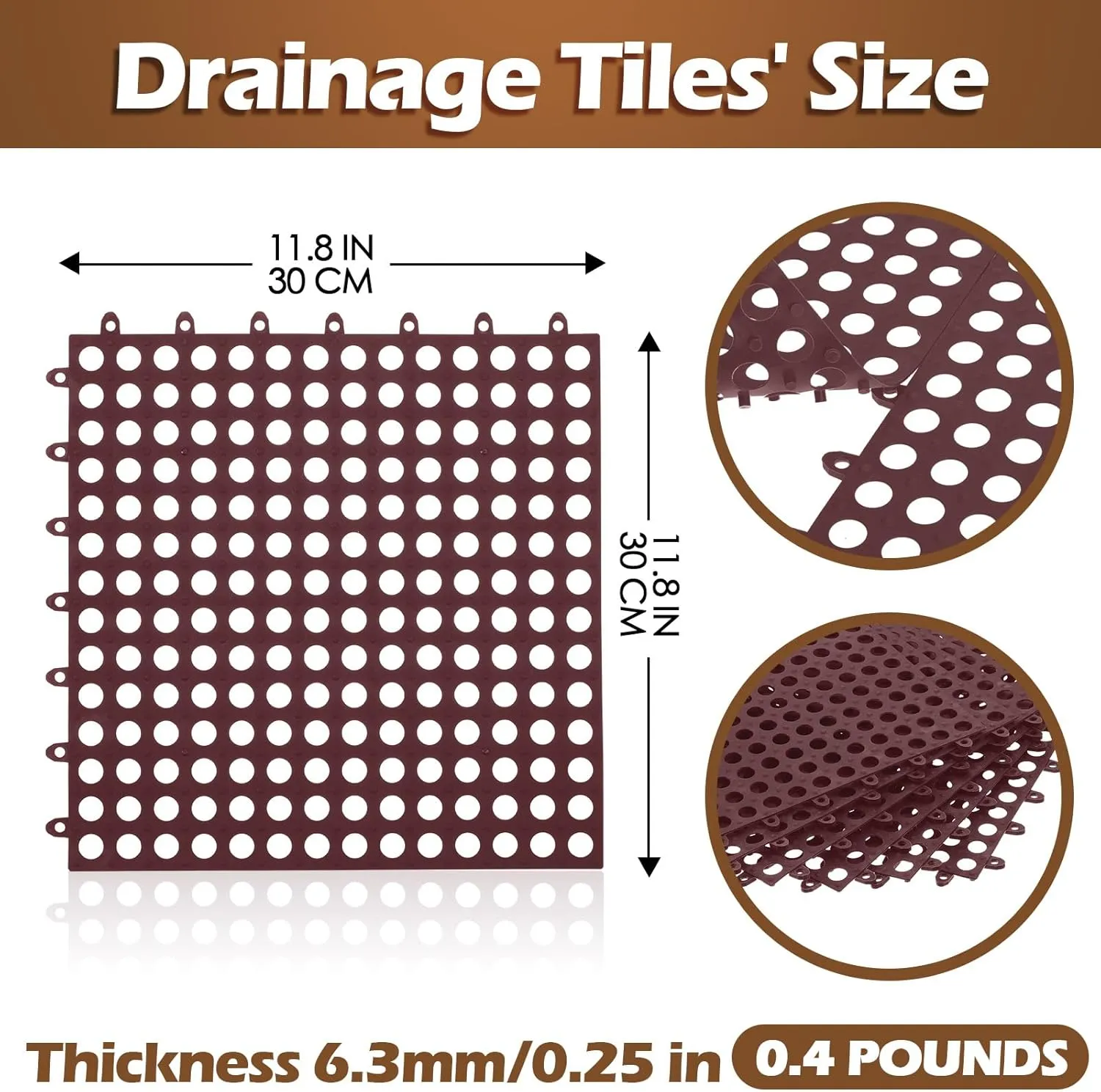 50 Pcs Interlocking Tiles 11.8'' X 11.8'' Dry Deck Tiles with Drain Holes, Non Slip TPE Soft Drainage Mats Modular Pool Floor Mat for Bathroom Patio (Brown)