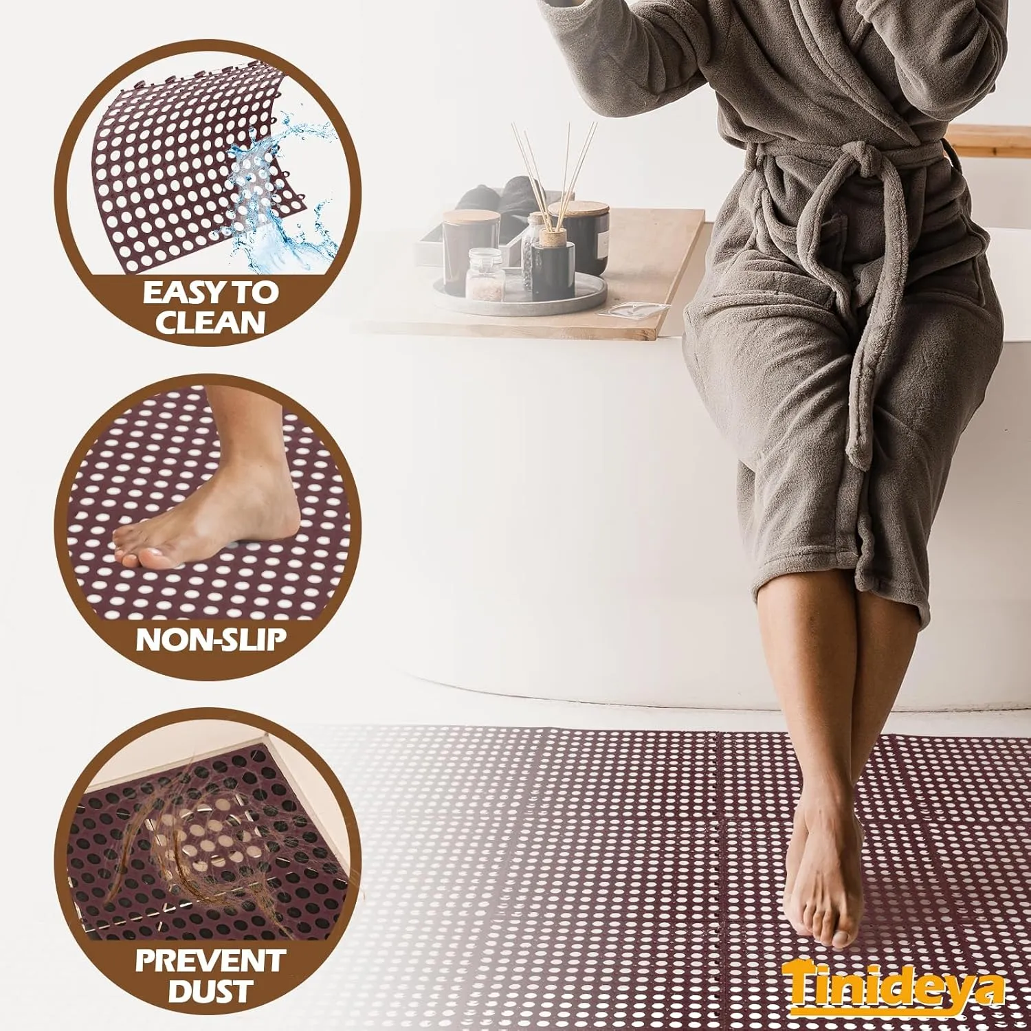 50 Pcs Interlocking Tiles 11.8'' X 11.8'' Dry Deck Tiles with Drain Holes, Non Slip TPE Soft Drainage Mats Modular Pool Floor Mat for Bathroom Patio (Brown)