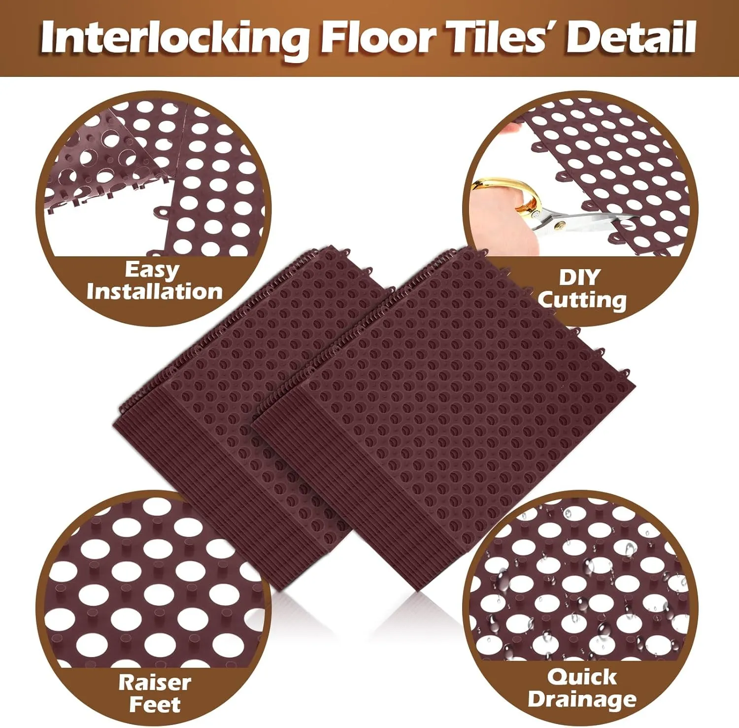 50 Pcs Interlocking Tiles 11.8'' X 11.8'' Dry Deck Tiles with Drain Holes, Non Slip TPE Soft Drainage Mats Modular Pool Floor Mat for Bathroom Patio (Brown)