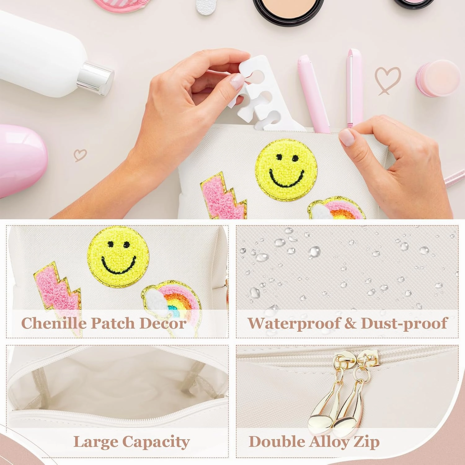 58 Pcs Preppy Makeup Bag Set Aesthetic Cosmetic Bag Travel Makeup Pouch Toiletry Bag 7 Heishi Surfer Bracelets with 50 Cute Stickers for Women Girls Teens Gifts