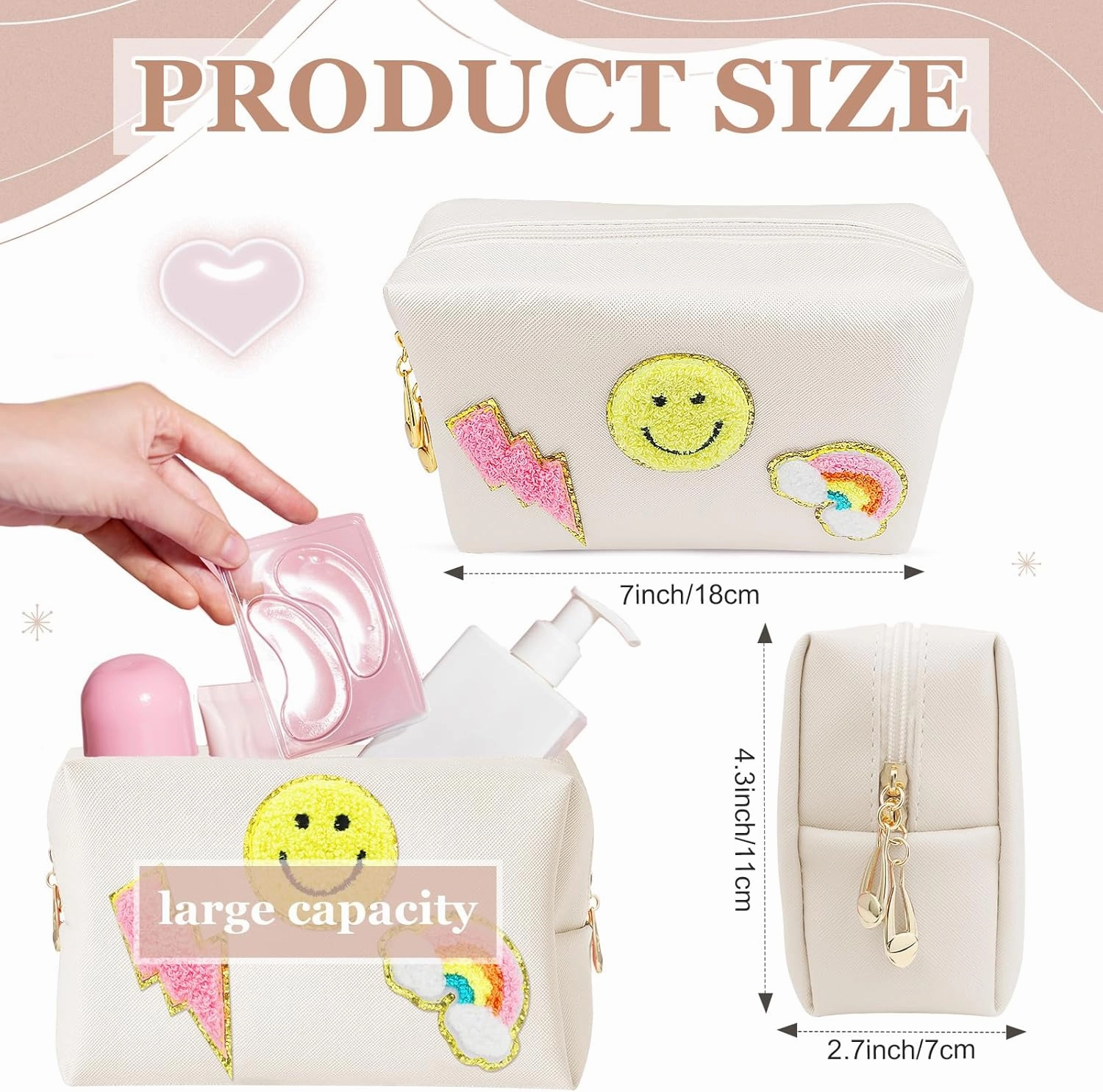 58 Pcs Preppy Makeup Bag Set Aesthetic Cosmetic Bag Travel Makeup Pouch Toiletry Bag 7 Heishi Surfer Bracelets with 50 Cute Stickers for Women Girls Teens Gifts