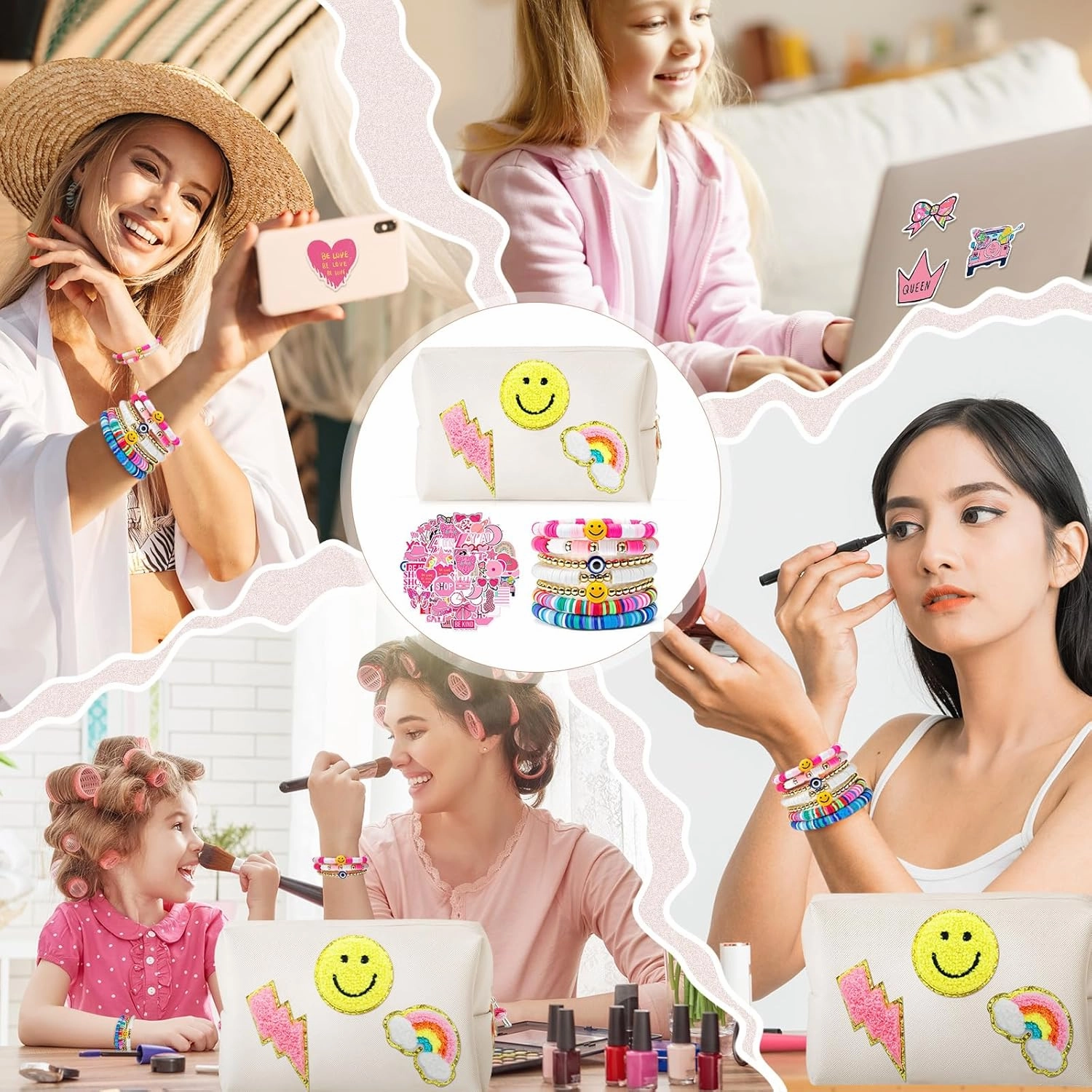 58 Pcs Preppy Makeup Bag Set Aesthetic Cosmetic Bag Travel Makeup Pouch Toiletry Bag 7 Heishi Surfer Bracelets with 50 Cute Stickers for Women Girls Teens Gifts
