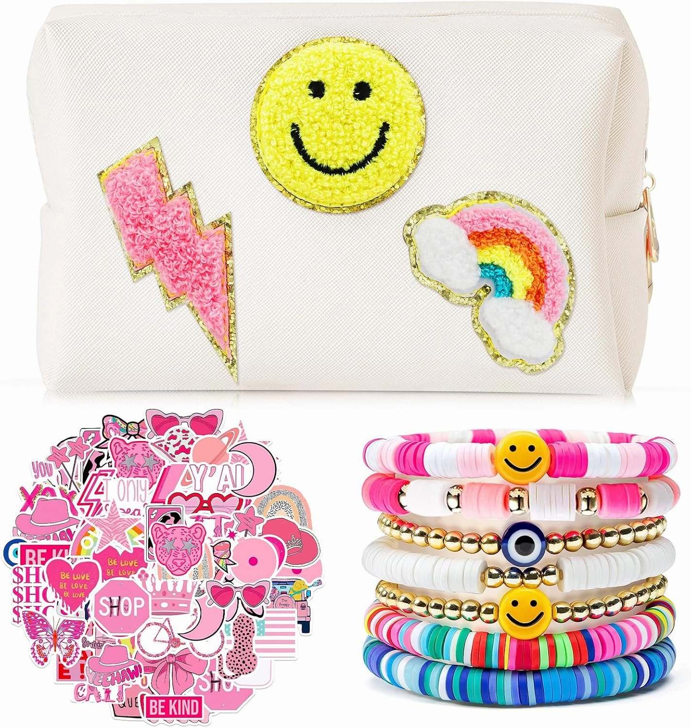 58 Pcs Preppy Makeup Bag Set Aesthetic Cosmetic Bag Travel Makeup Pouch Toiletry Bag 7 Heishi Surfer Bracelets with 50 Cute Stickers for Women Girls Teens Gifts