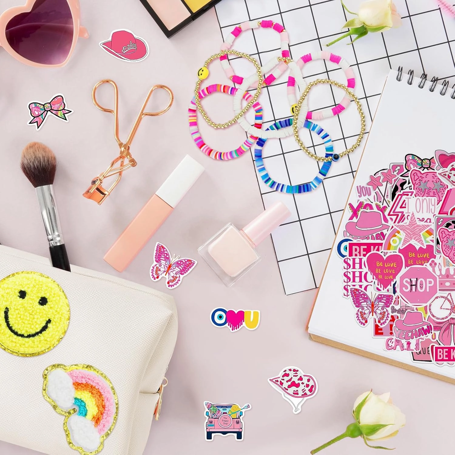 58 Pcs Preppy Makeup Bag Set Aesthetic Cosmetic Bag Travel Makeup Pouch Toiletry Bag 7 Heishi Surfer Bracelets with 50 Cute Stickers for Women Girls Teens Gifts