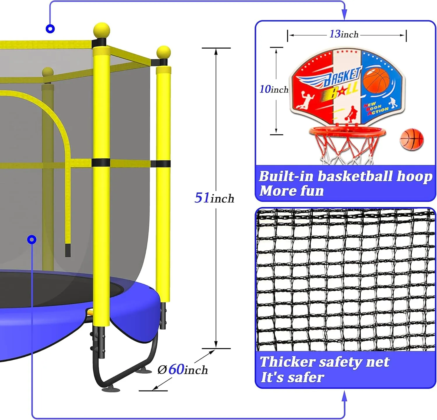 60" Trampoline for Kids, 5 FT Indoor & Outdoor Toddler Baby Trampoline with Basketball Hoop, Safety Enclosure, Birthday Gifts for Kids, Gifts for Boy and Girl, Age 3-8