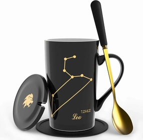 -15oz Leo Birthday Gift Ceramic Creative Constellation Zodiac Coffee Mug Set Capacity Upgrade Tea Cup for Cocoa Water Milk Juice (Leo-Black Gold)