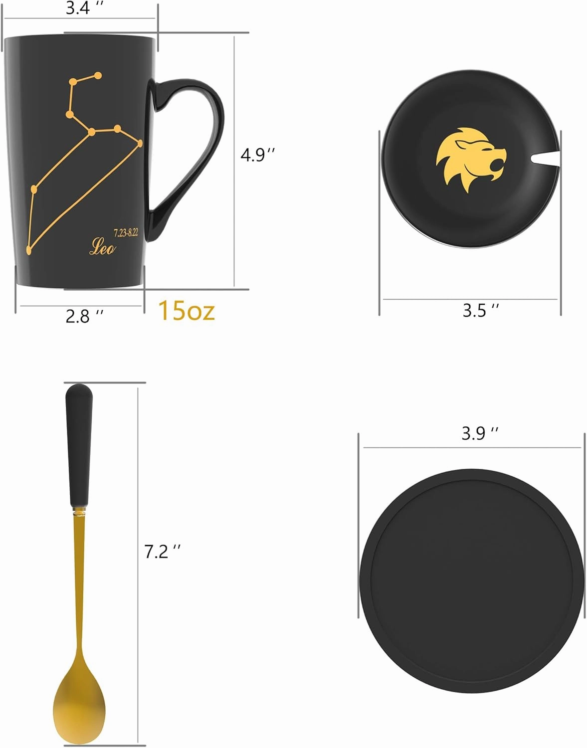 -15oz Leo Birthday Gift Ceramic Creative Constellation Zodiac Coffee Mug Set Capacity Upgrade Tea Cup for Cocoa Water Milk Juice (Leo-Black Gold)