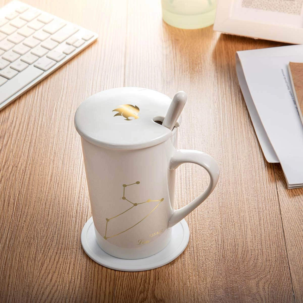 -15oz Leo Birthday Gift Ceramic Creative Constellation Zodiac Coffee Mug Set Capacity Upgrade Tea Cup for Cocoa Water Milk Juice (Leo-White Gold)