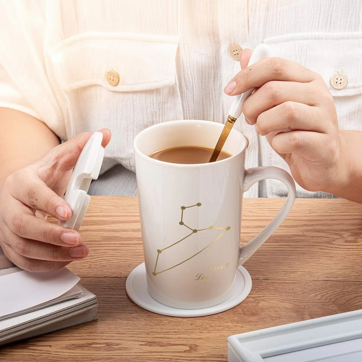 -15oz Leo Birthday Gift Ceramic Creative Constellation Zodiac Coffee Mug Set Capacity Upgrade Tea Cup for Cocoa Water Milk Juice (Leo-White Gold)