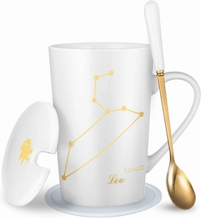 -15oz Leo Birthday Gift Ceramic Creative Constellation Zodiac Coffee Mug Set Capacity Upgrade Tea Cup for Cocoa Water Milk Juice (Leo-White Gold)
