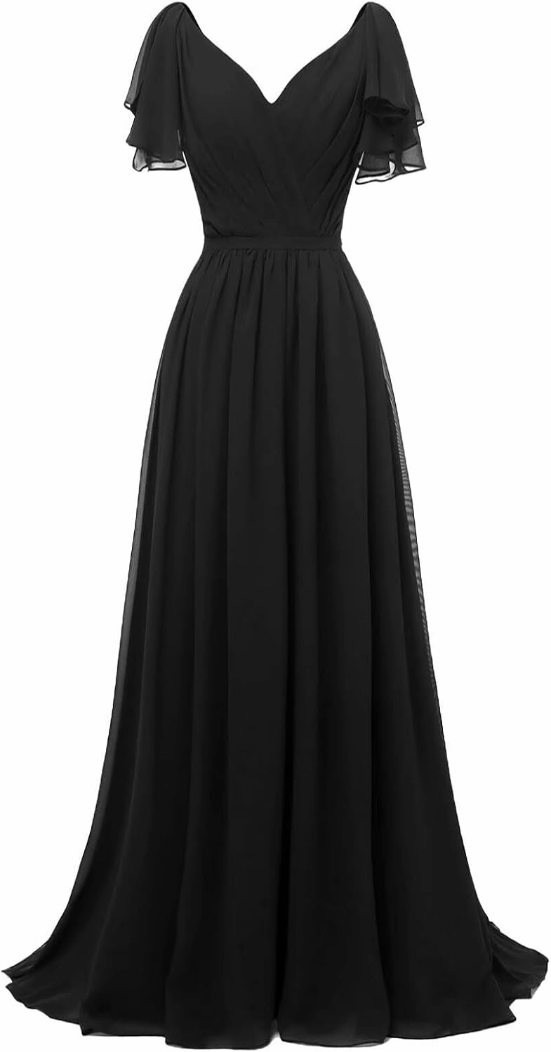 A-line Pleated Chiffon Bridesmaid Dress for Women, Long V Neck Formal Party Dresses Wedding Guest Dress
