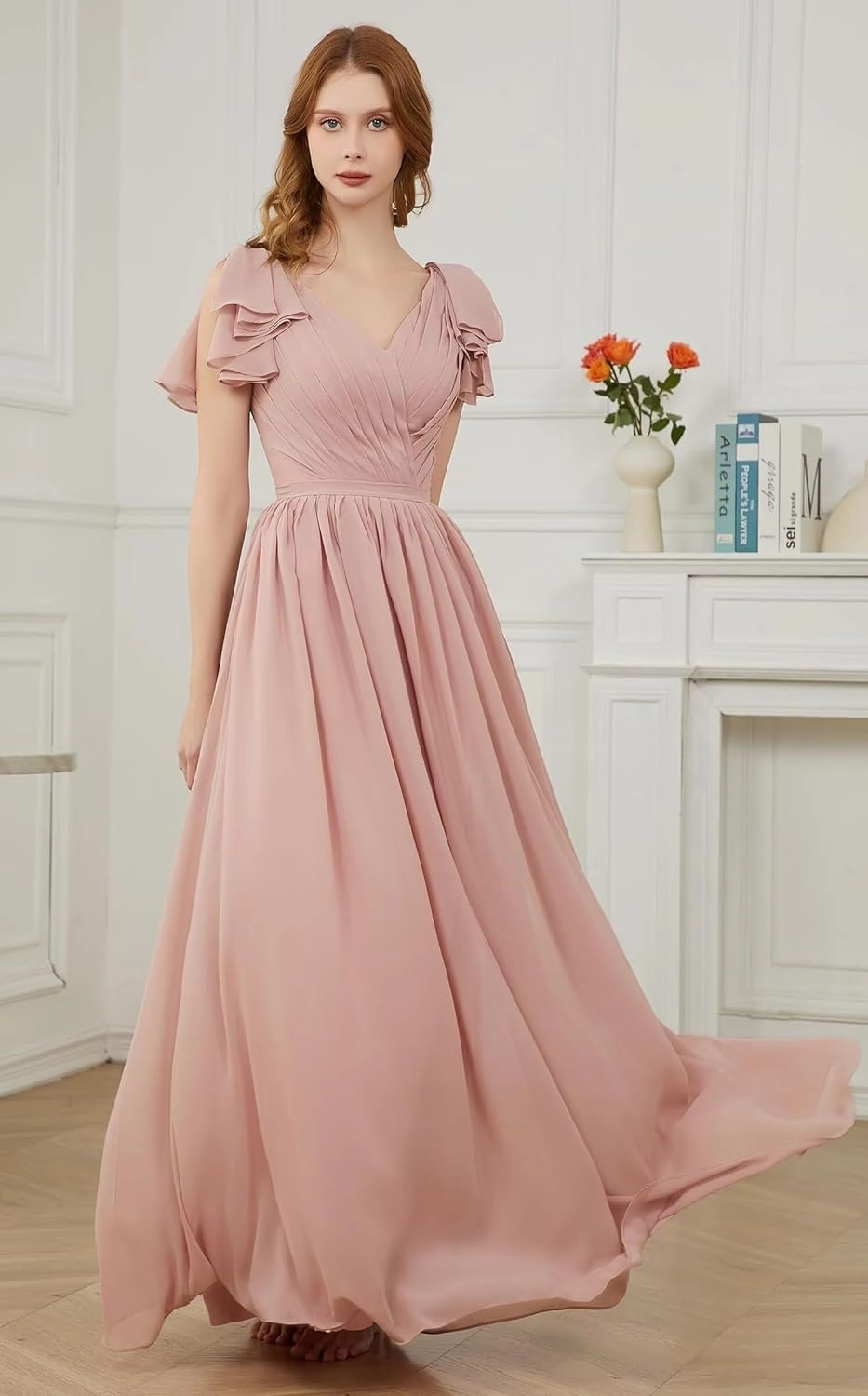 A-line Pleated Chiffon Bridesmaid Dress for Women, Long V Neck Formal Party Dresses Wedding Guest Dress