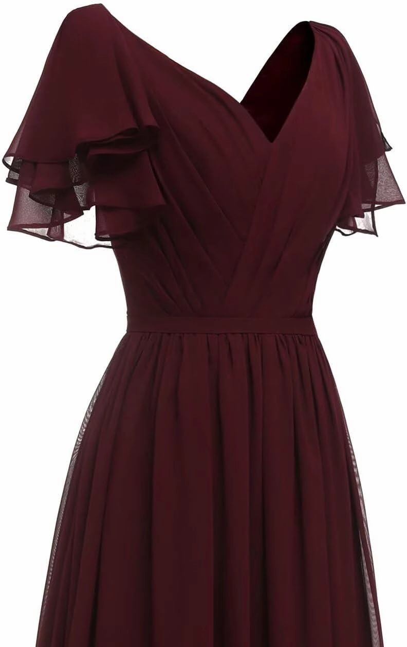 A-line Pleated Chiffon Bridesmaid Dress for Women, Long V Neck Formal Party Dresses Wedding Guest Dress
