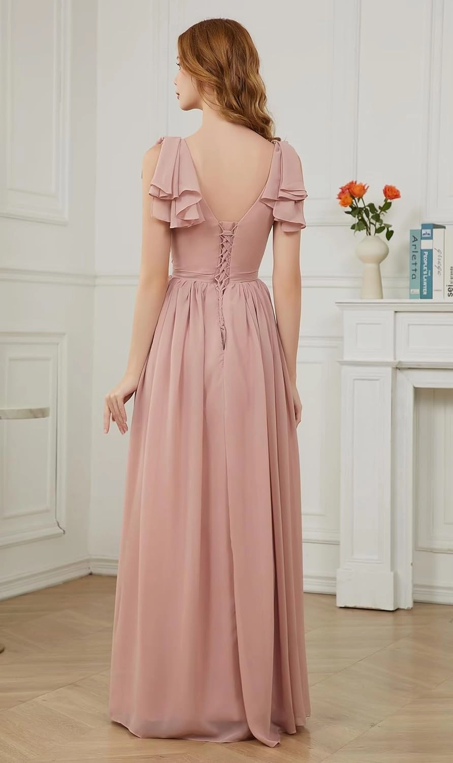 A-line Pleated Chiffon Bridesmaid Dress for Women, Long V Neck Formal Party Dresses Wedding Guest Dress