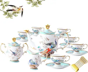 ACMLIFE Bone China Tea Set for Adults Blue Fine Bone China Tea Set for 6, 21-Piece Vintage Chinese Tea Set English Afternoon Tea Set Porcelain Tea Pot Sets for Adults for Women Tea Party for Gifts
