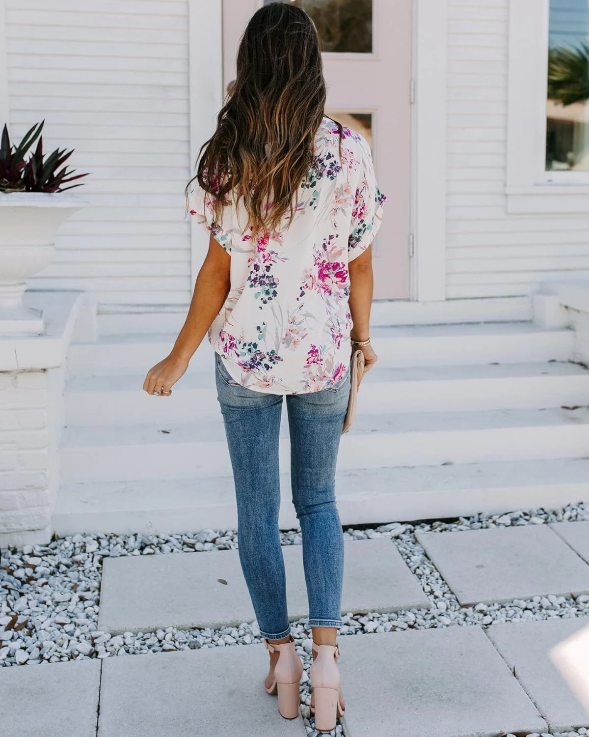 ANCAPELION Women’s Summer Chiffon Blouse Casual Short Sleeve V Neck Shirt Loose Printed Cuffed Sleeve Tunic Tops for Women