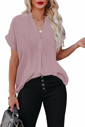 ANCAPELION Women’s Summer Chiffon Blouse Casual Short Sleeve V Neck Shirt Loose Printed Cuffed Sleeve Tunic Tops for Women