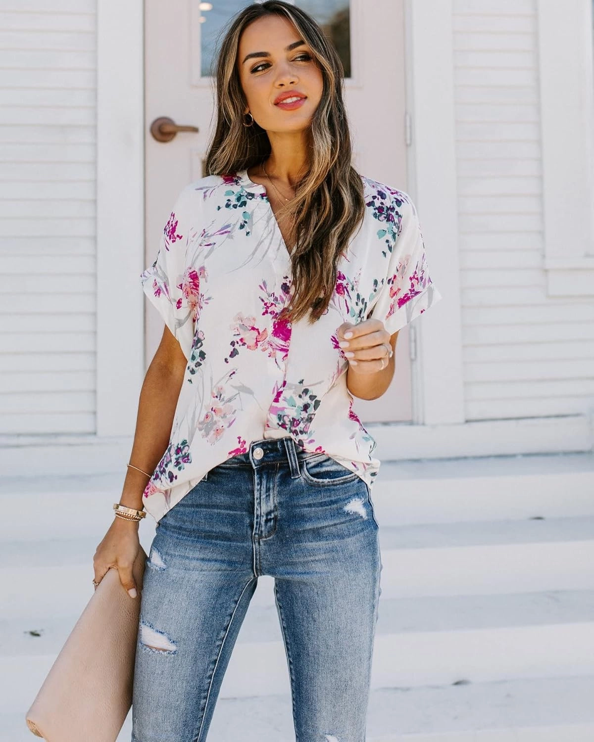 ANCAPELION Women’s Summer Chiffon Blouse Casual Short Sleeve V Neck Shirt Loose Printed Cuffed Sleeve Tunic Tops for Women