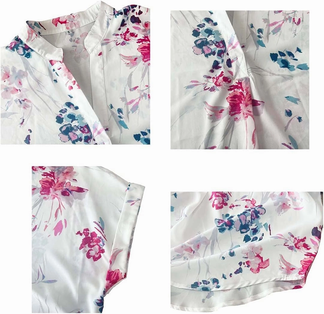 ANCAPELION Women’s Summer Chiffon Blouse Casual Short Sleeve V Neck Shirt Loose Printed Cuffed Sleeve Tunic Tops for Women
