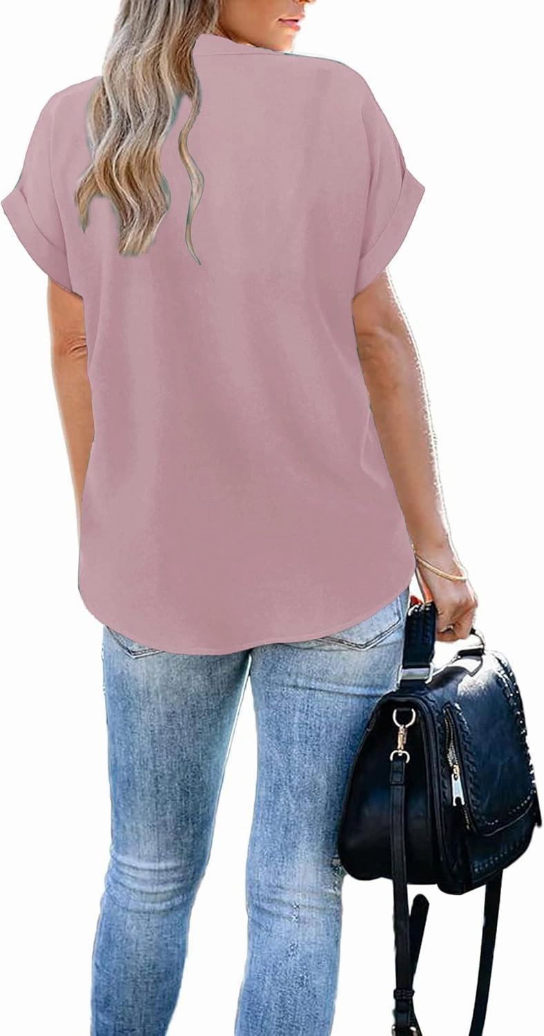ANCAPELION Women’s Summer Chiffon Blouse Casual Short Sleeve V Neck Shirt Loose Printed Cuffed Sleeve Tunic Tops for Women