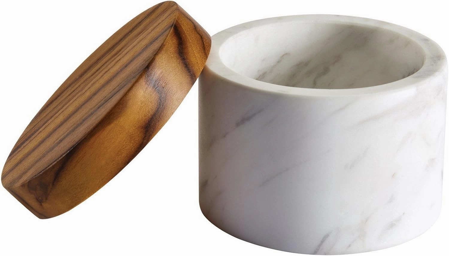Anolon Pantryware Marble Salt Cellar with Teak Lid / Marble Salt Box with Teak Lid - 5.25 Ounce , White