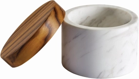 Anolon Pantryware Marble Salt Cellar with Teak Lid / Marble Salt Box with Teak Lid - 5.25 Ounce , White
