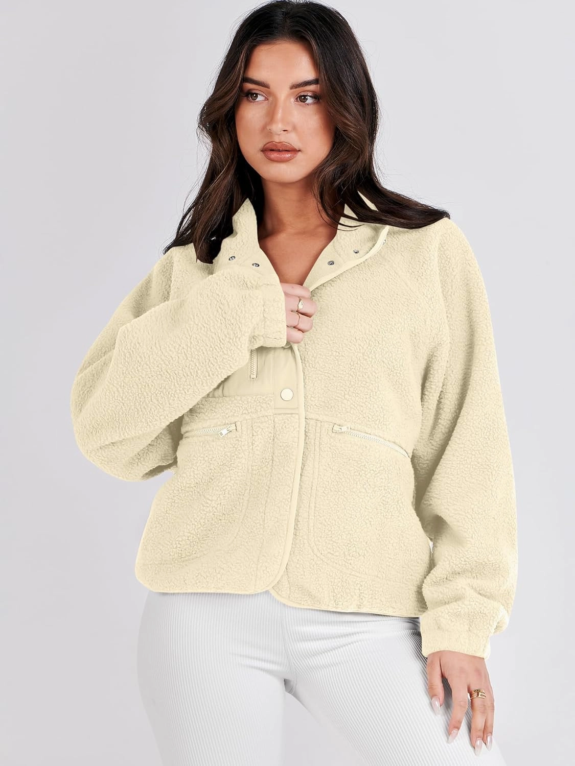 ANRABESS Womens Fuzzy Fleece Jacket Fall Casual Long Sleeve Cropped Sherpa Button Down Shacket Coats Outwear With Pockets