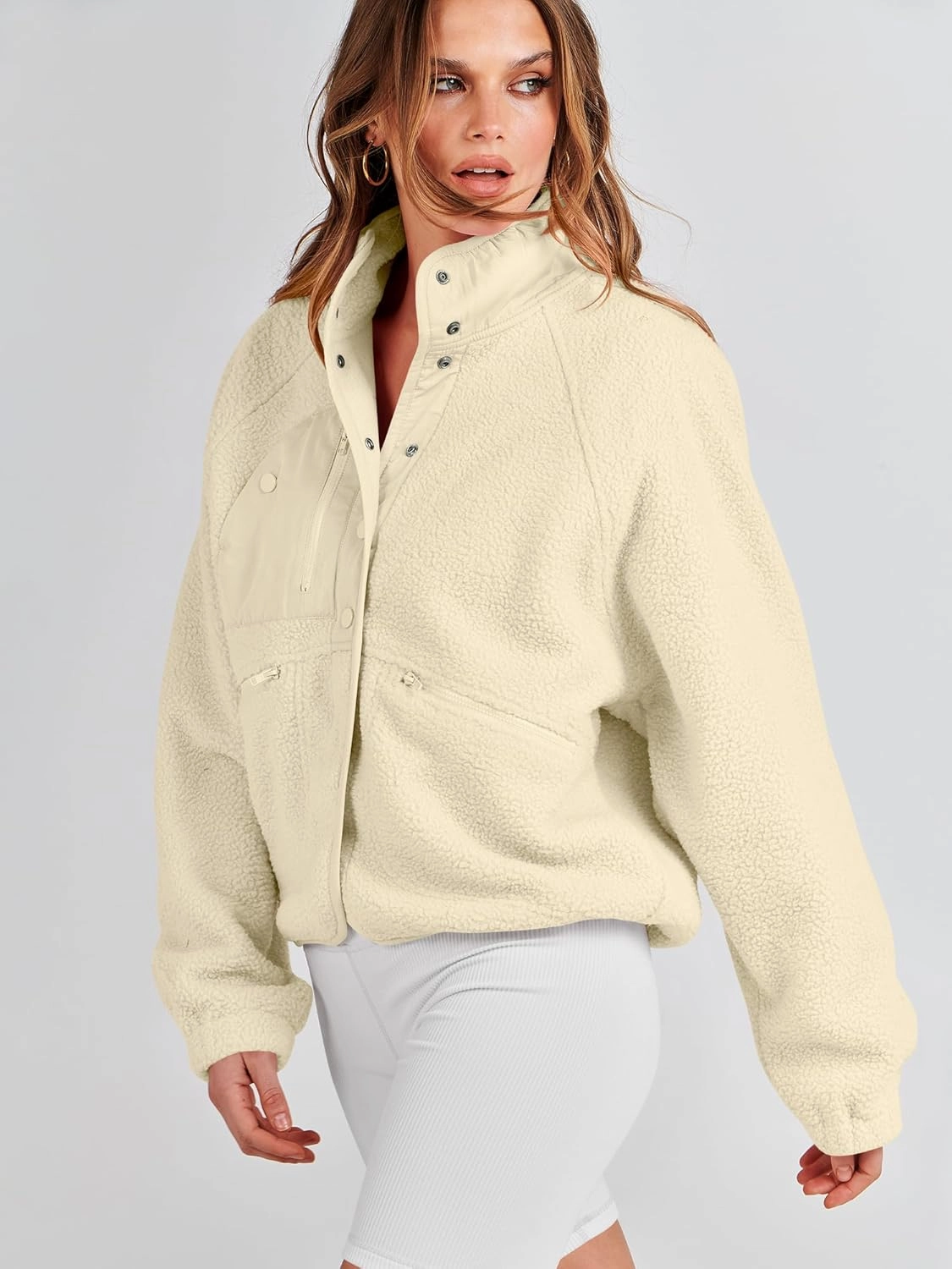 ANRABESS Womens Fuzzy Fleece Jacket Fall Casual Long Sleeve Cropped Sherpa Button Down Shacket Coats Outwear With Pockets