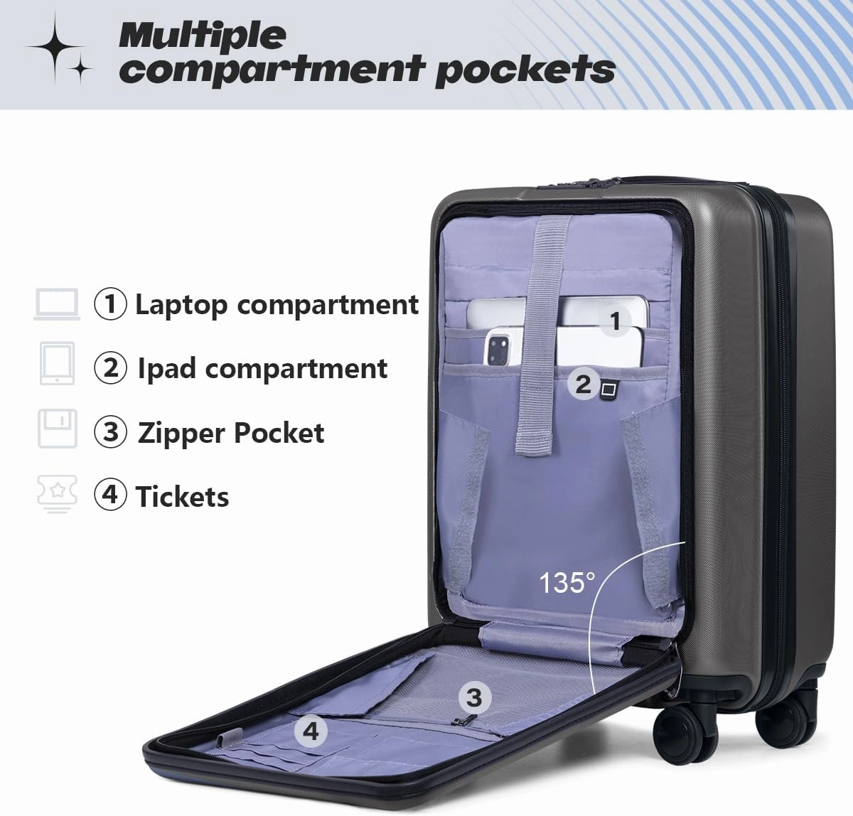 AnyZip Carry On Luggage 20'' Suitcase with Pocket Compartment ABS PC Spinner Wheels TSA Lock Darkgray