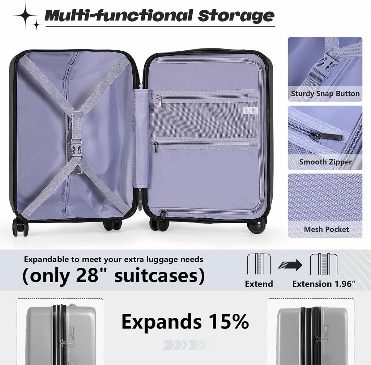 AnyZip Carry On Luggage 20'' Suitcase with Pocket Compartment ABS PC Spinner Wheels TSA Lock Darkgray