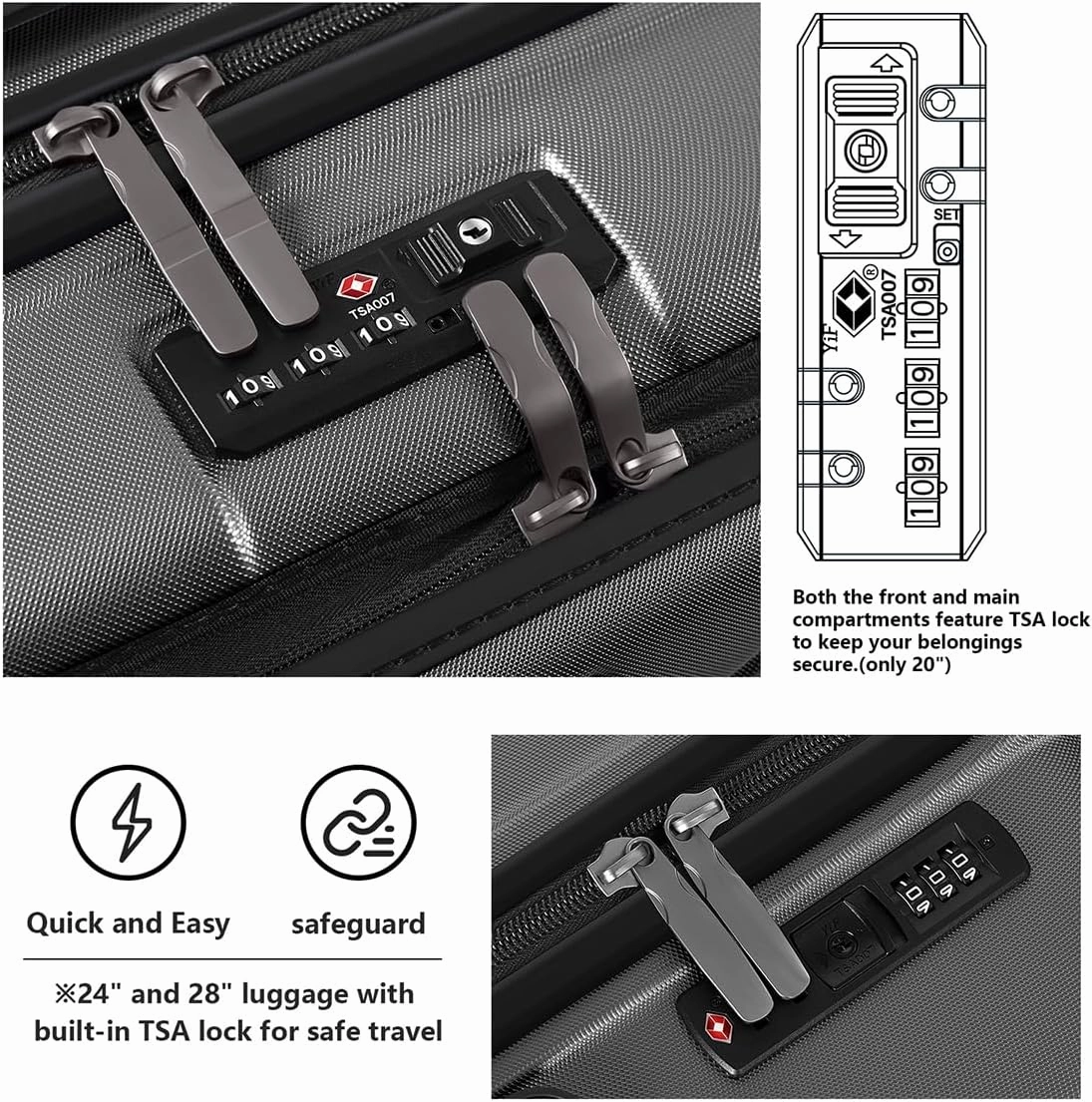AnyZip Carry On Luggage 20'' Suitcase with Pocket Compartment ABS PC Spinner Wheels TSA Lock Darkgray