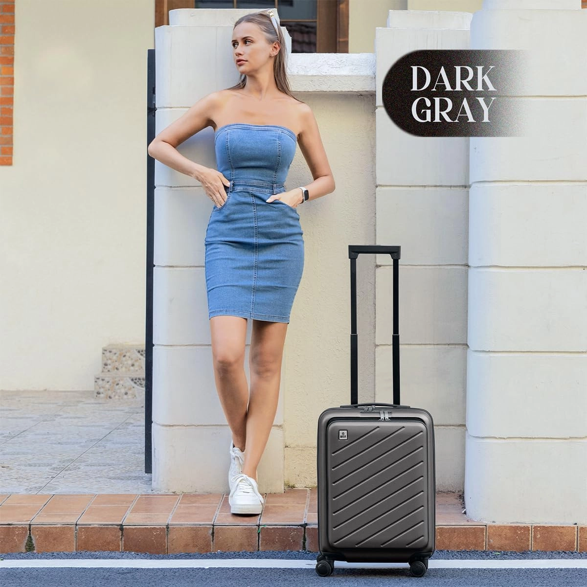 AnyZip Carry On Luggage 20'' Suitcase with Pocket Compartment ABS PC Spinner Wheels TSA Lock Darkgray
