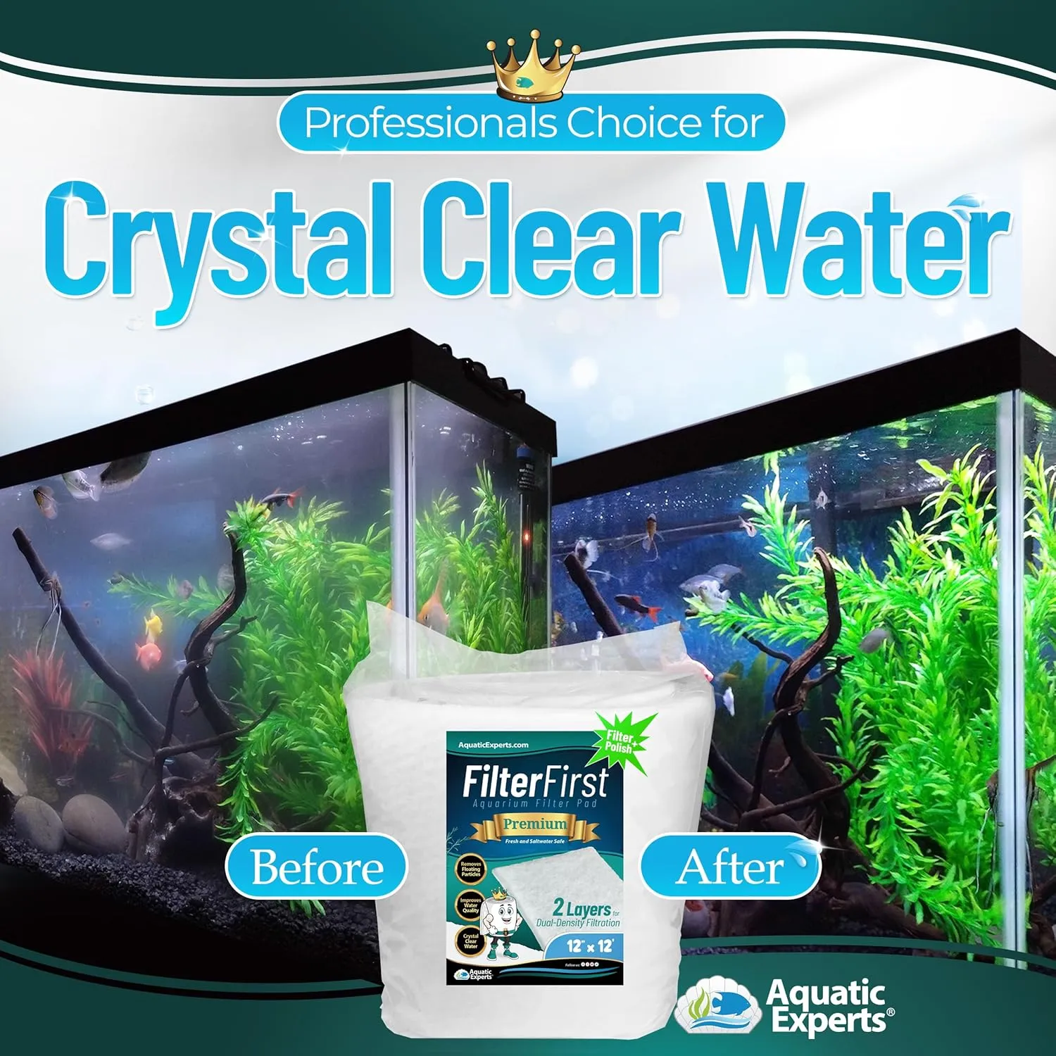 Aquatic Experts Aquarium Filter Floss for Fish Tank Filters - FilterFirst Aquarium Filter Pad - Media Roll for Crystal Clear Water, 3/4" - 1" Thick (12 Inch Wide, 12 Feet Long)