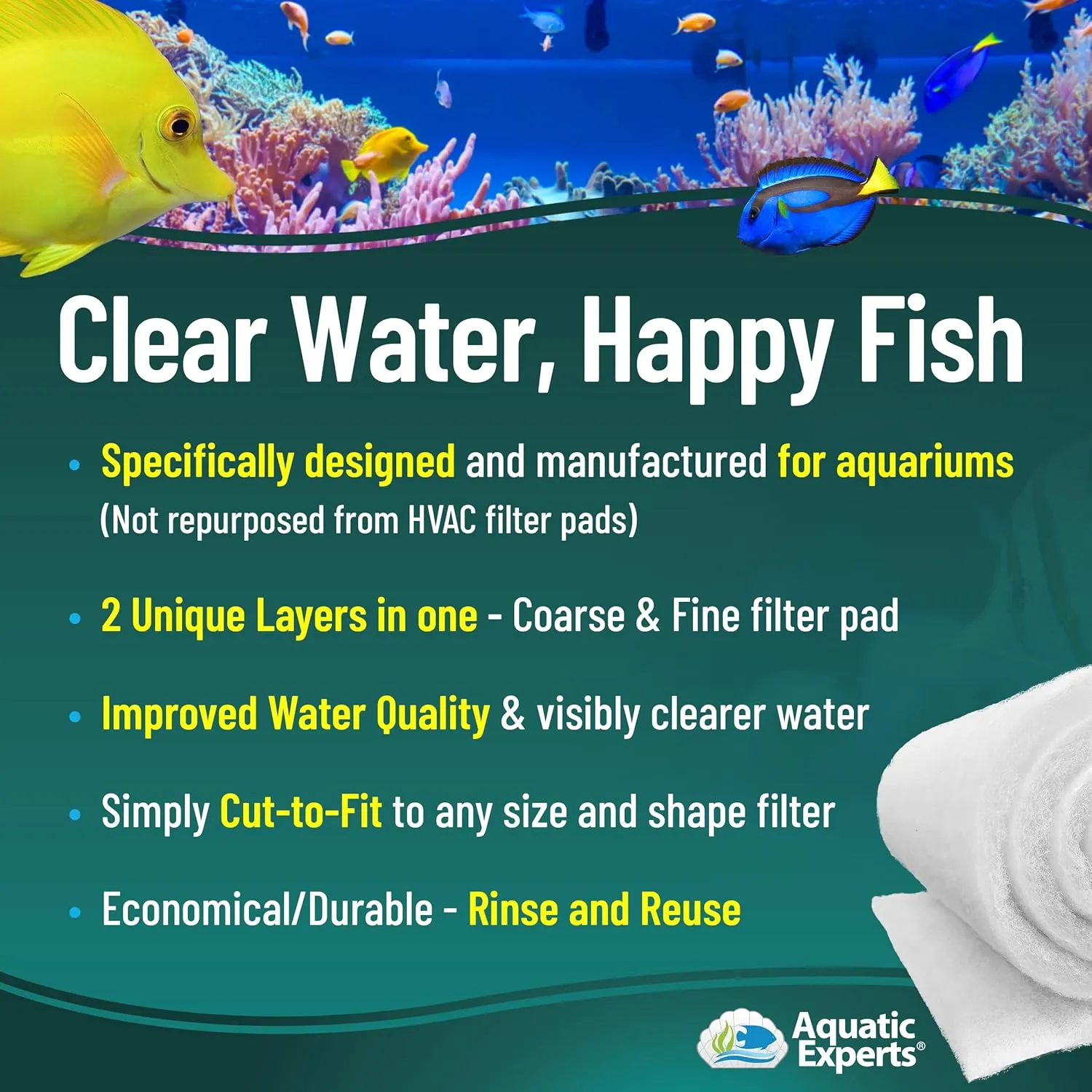 Aquatic Experts Aquarium Filter Floss for Fish Tank Filters - FilterFirst Aquarium Filter Pad - Media Roll for Crystal Clear Water, 3/4" - 1" Thick (12 Inch Wide, 12 Feet Long)