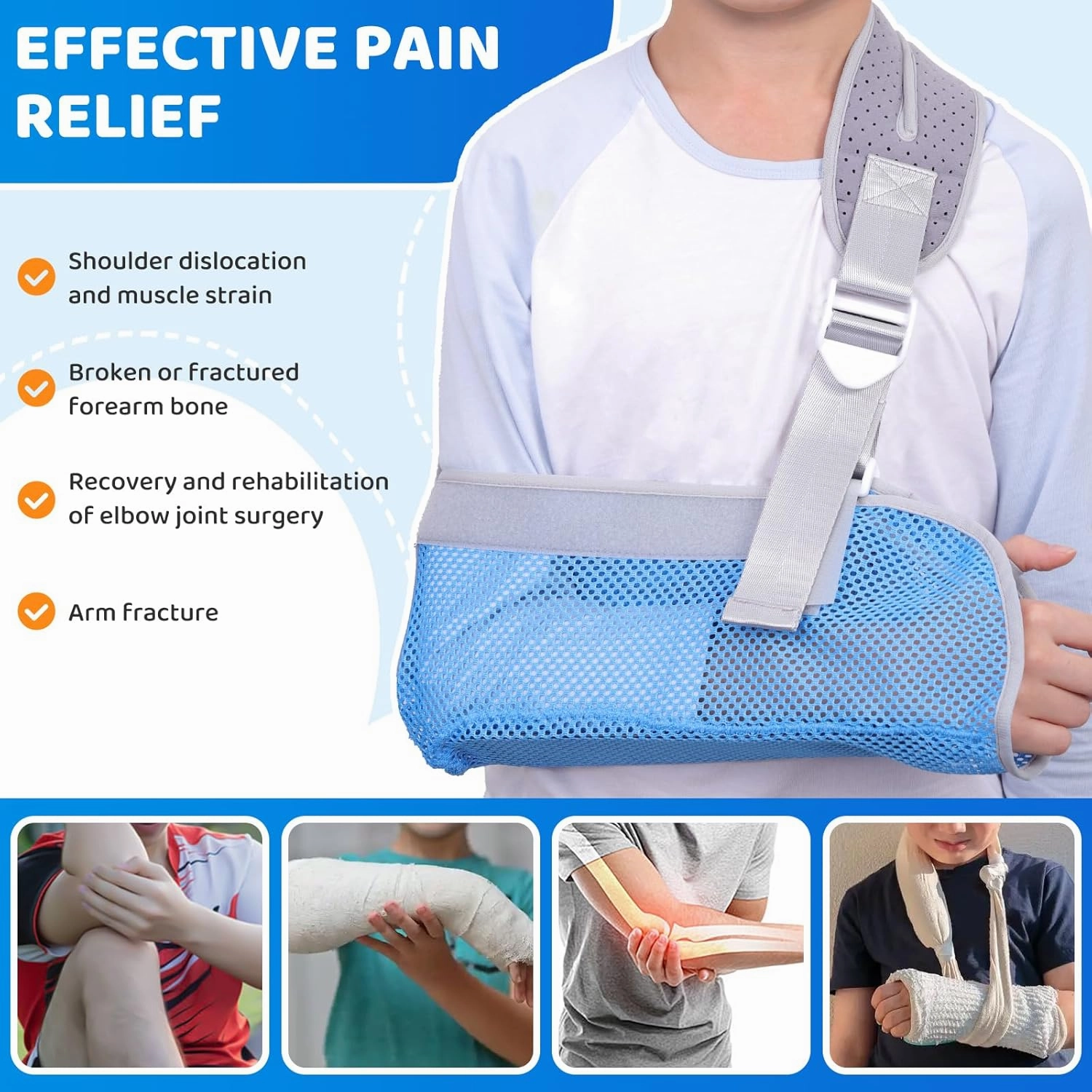 Arm Sling for Kids, Arm Brace with Support Plate, Arm Support Sling Shoulder Immobilizer for Children Shoulder Injury, Suit for Left and Right Arms, Boy and Girl (Blue-S)
