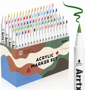 Arrtx 90 Colors Paint Markers, Acrylic Paint Pens for Artists Adults Coloring Drawing - Extra Brush Tip for Rock Painting, Wood, Canvas, DIY Crafts Making Art Supplies